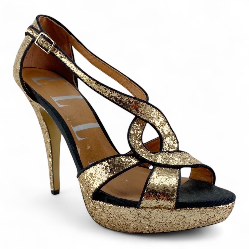 Elle Gemini Gold Glitter Strappy Open Toe Platform Heels Size 9โ - Picture 2 of 6